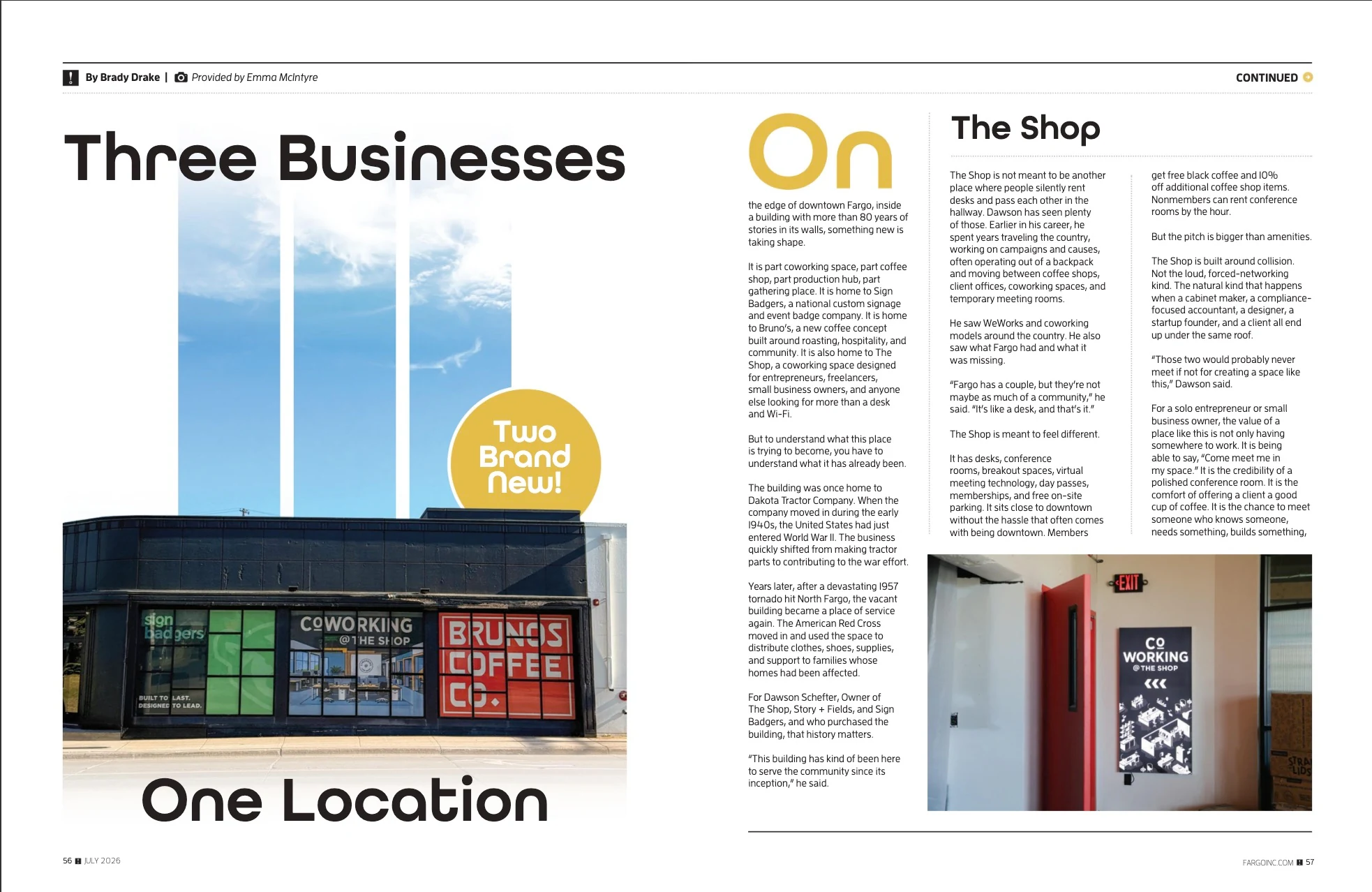 Three Businesses, One Location. Fargo INC! July 2026; original photography, page design and credits.