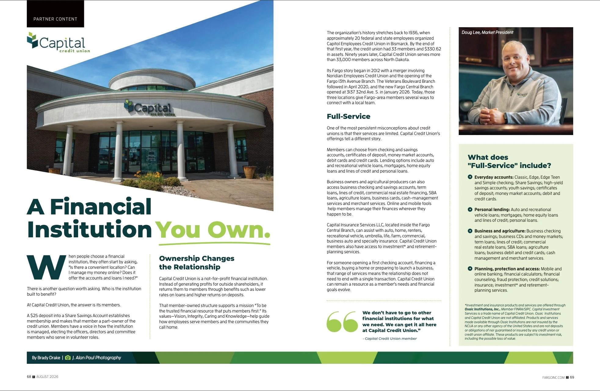 Capital Credit Union — A Financial Institution You Own. Fargo INC! August 2026; original photography, page design and credits.