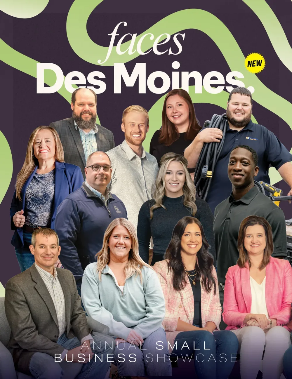 Faces of Des Moines cover: a group of local business people on purple, marked New