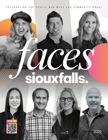 Faces of Sioux Falls 2026 cover: black-and-white portraits of seven local business people