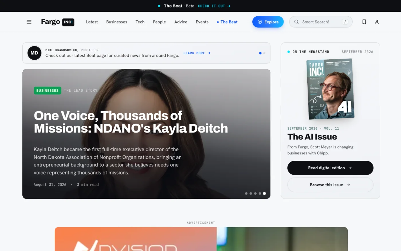 Fargo INC! website screenshot showing real stories and publication branding